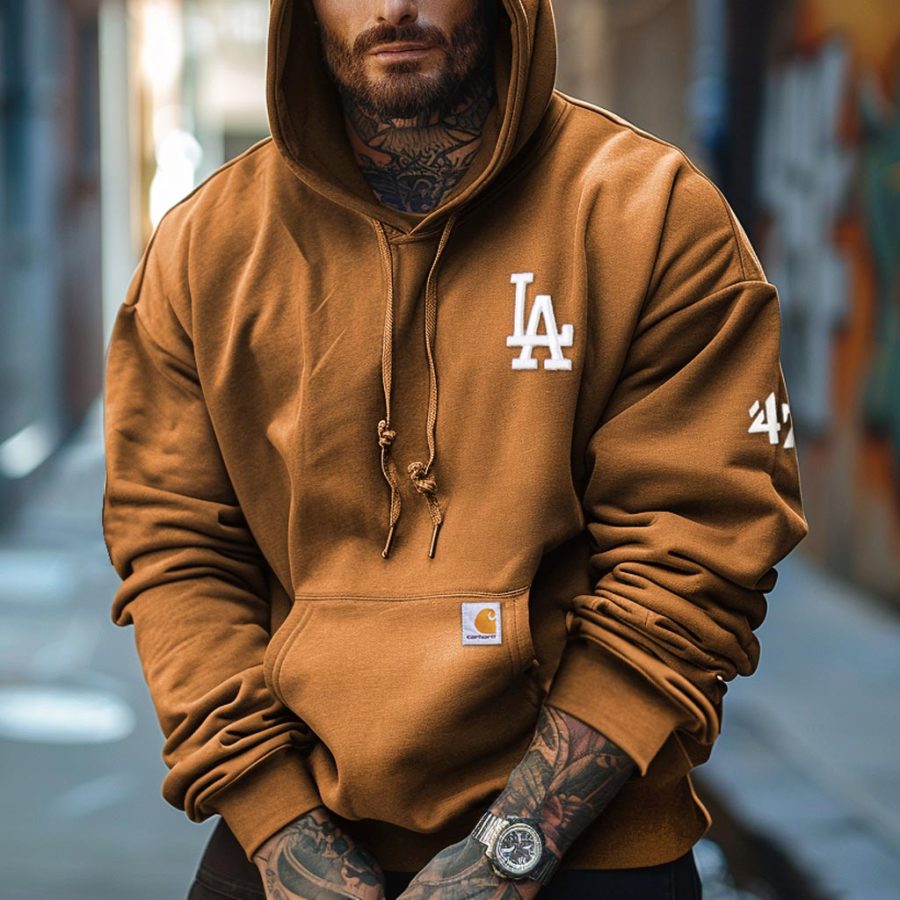 

Men's Vintage Baseball Embroidered Print Pocket Oversized Long Sleeve Hoodie