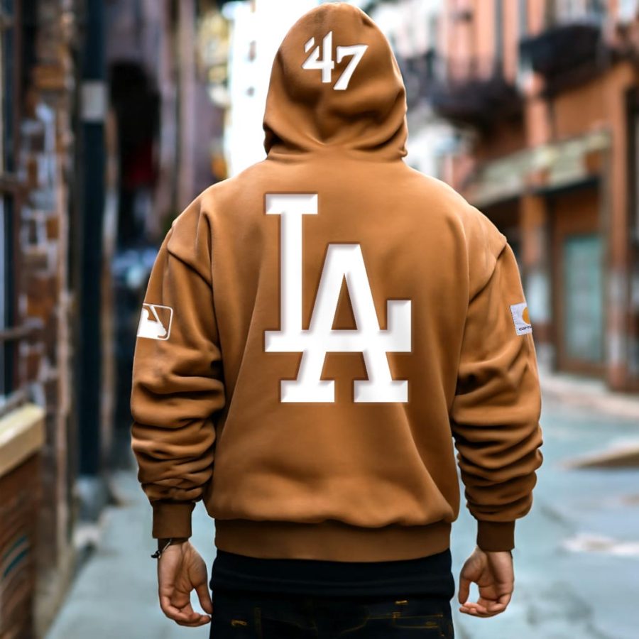 

Men's Vintage Baseball 47 Foam Print Pocket Oversized Long Sleeve Hoodie