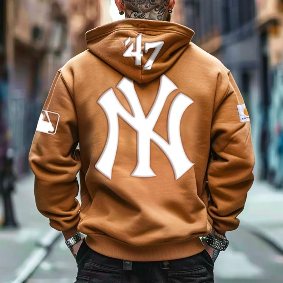 

Men's Vintage Baseball NY 47 Foam Print Pocket Oversized Long Sleeve Hoodie
