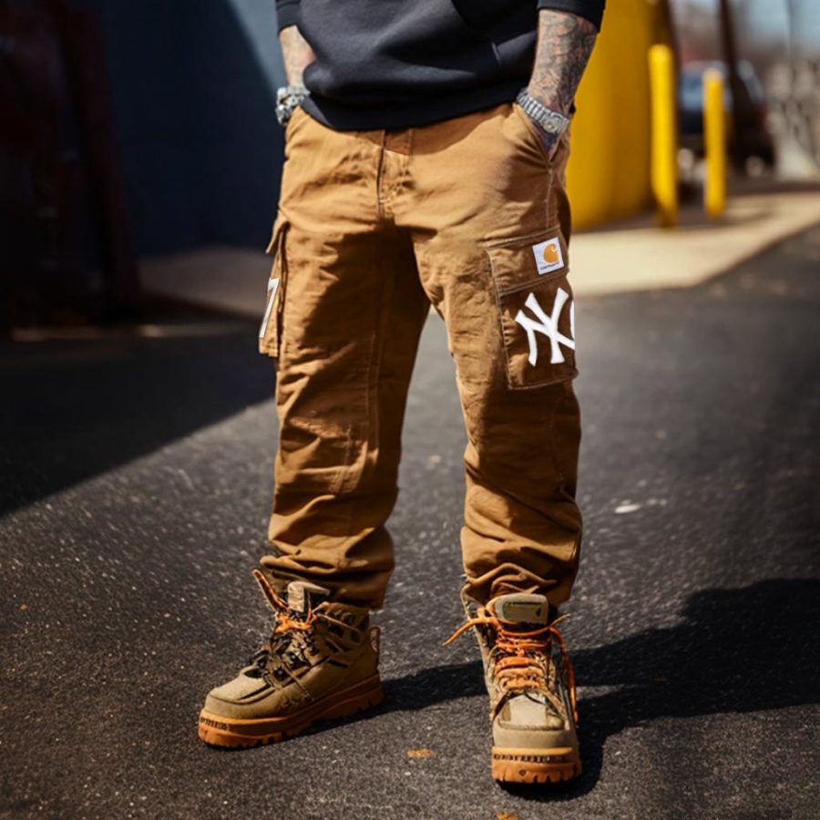 

Men's Vintage Baseball Embroidery Brown Outdoor Multi-Pocket Cargo Pants