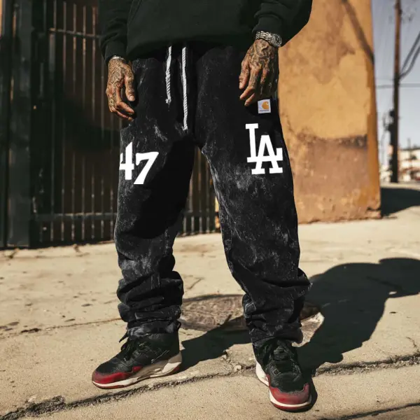 Men's Vintage Distressed Washed Print Baseball Black Sweatpants - Wayrates.com 