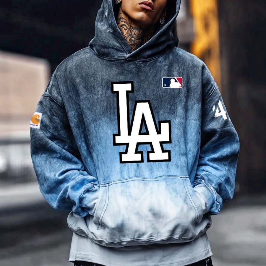 

Men's Vintage Blue Tie-Dye Baseball Print Pocket Long Sleeve Oversized Hoodie