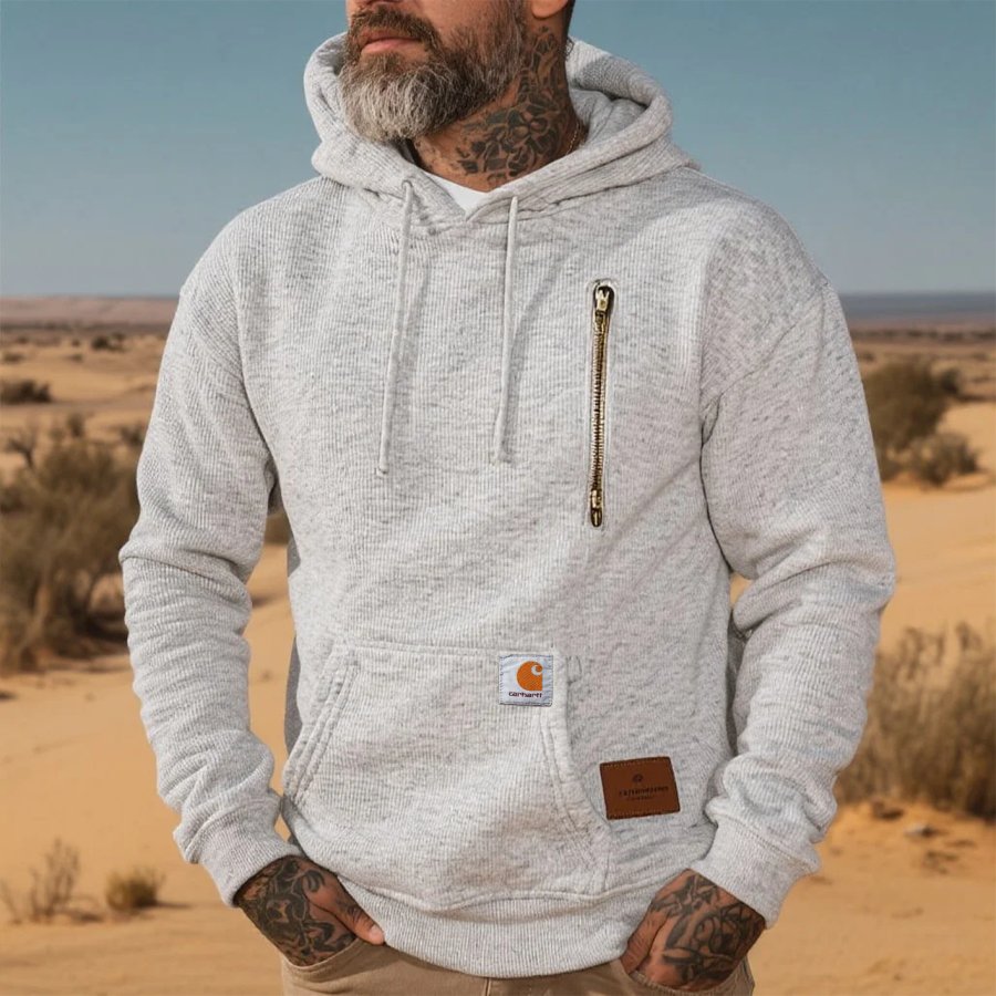 

Men's Vintage Corduroy Gray Hooded Sweatshirt With Zipper Detail