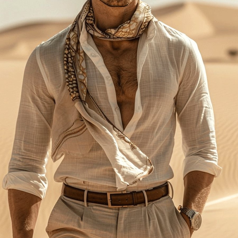 

Stylish Desert-Inspired Open-Front Shirt With Scarf Collar