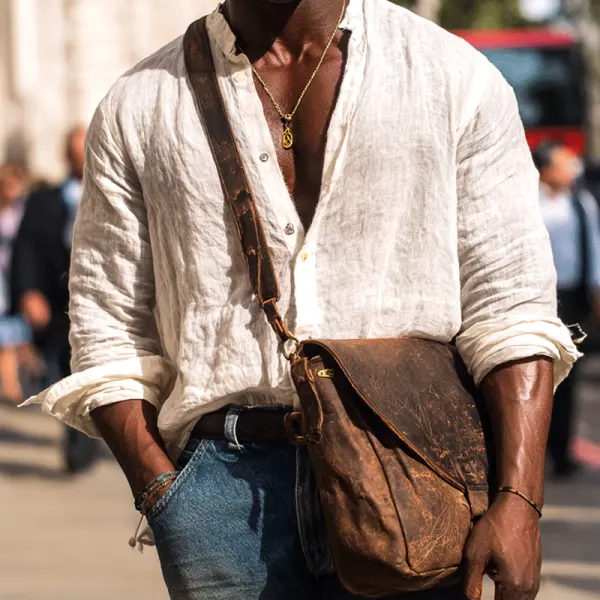 Casual Linen Shirt With Leather Messenger Bag - Perfect For Summer Outings - Wayrates.com 