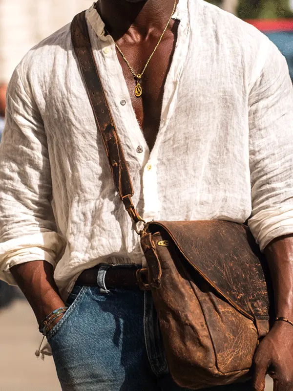 Casual Linen Shirt With Leather Messenger Bag - Perfect For Summer Outings - Pragmaace.com 
