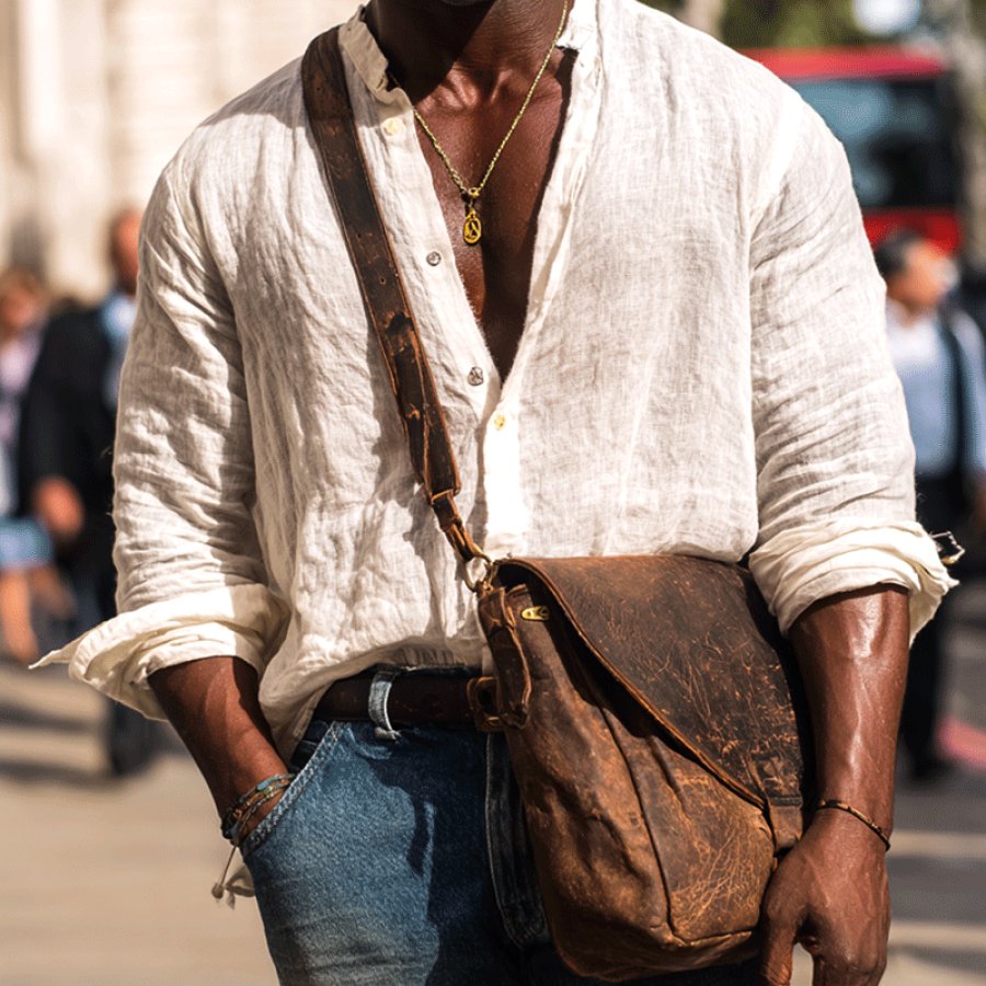 

Casual Linen Shirt With Leather Messenger Bag - Perfect For Summer Outings
