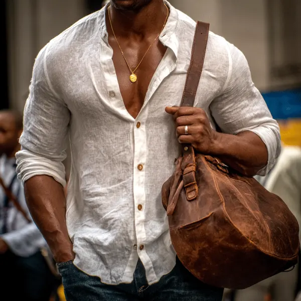 Stylish Linen Shirt With Gold Pendant And Leather Satchel Bag - Wayrates.chimpone.com 