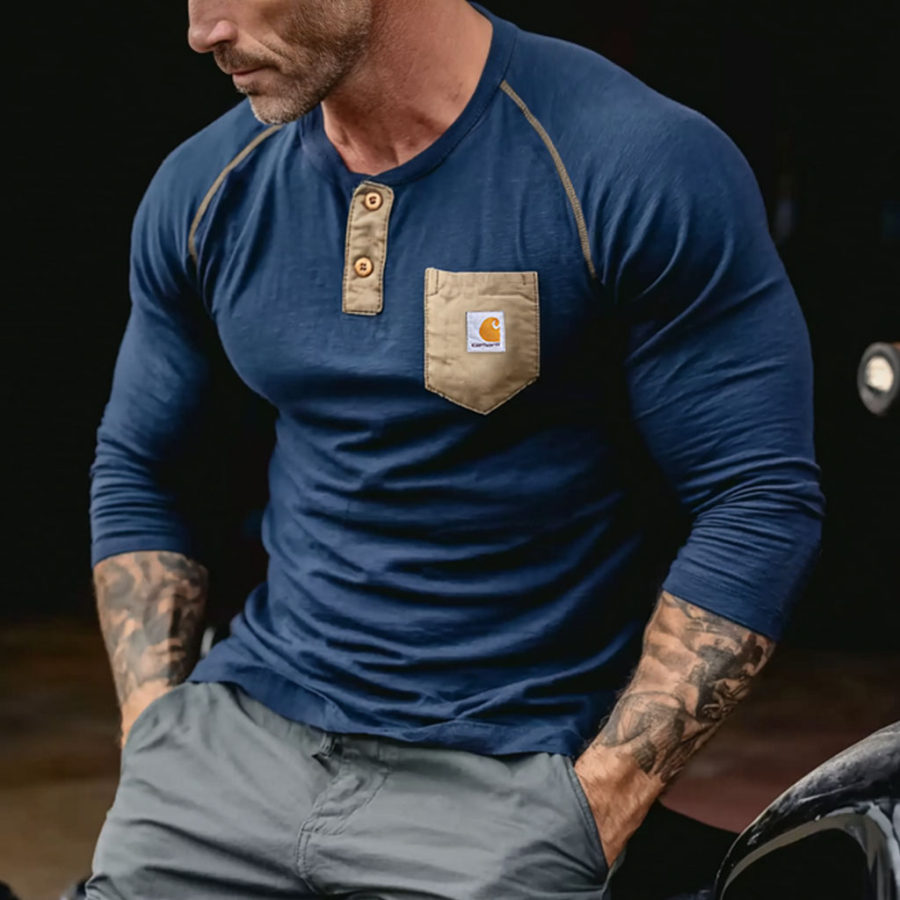 

Men's Vintage Outdoor Contrast Patch Pocket Long Sleeve Henley T-Shirt