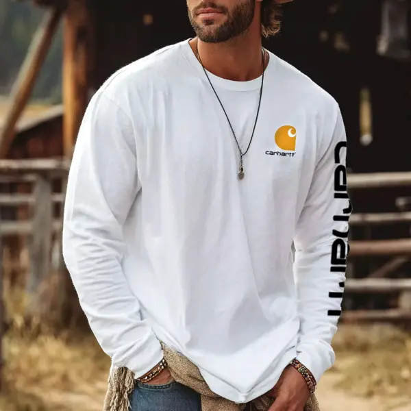 Carhartt Men's Vintage White Western Denim Casual Round Neck Long Sleeve T-Shirt - Wayrates.com 