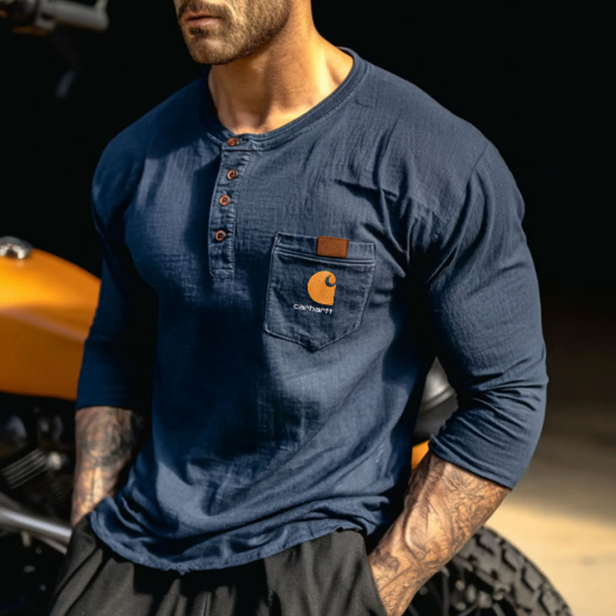 

Men's Vintage Outdoor Embroidered Patch Pocket Long Sleeve Henley Neck T-Shirt