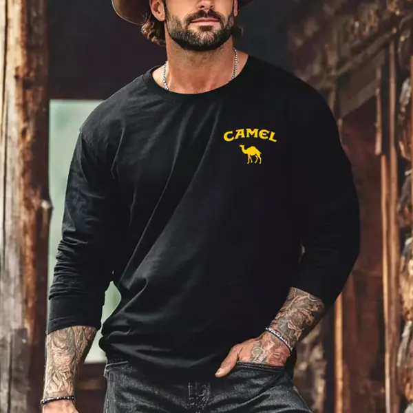 Men's Vintage Black Camel Western Cowboy Casual Round Neck Long Sleeve T-Shirt - Wayrates.com 