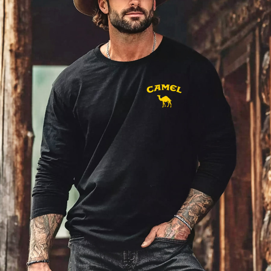 

Men's Vintage Black Camel Western Cowboy Casual Round Neck Long Sleeve T-Shirt