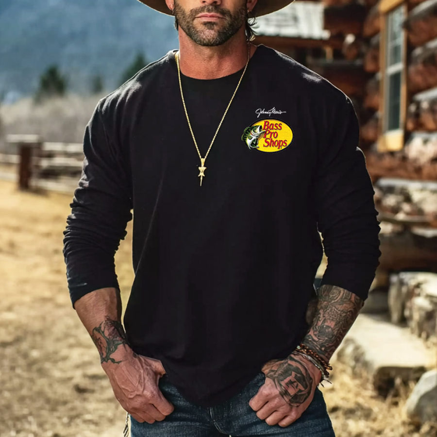 

Men's Vintage Black Fishing Western Cowboy Casual Round Neck Long Sleeve T-Shirt
