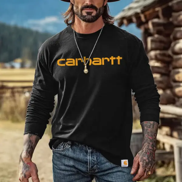 Men's Vintage Black Western Denim Casual Round Neck Long Sleeve T-Shirt - Wayrates.com 