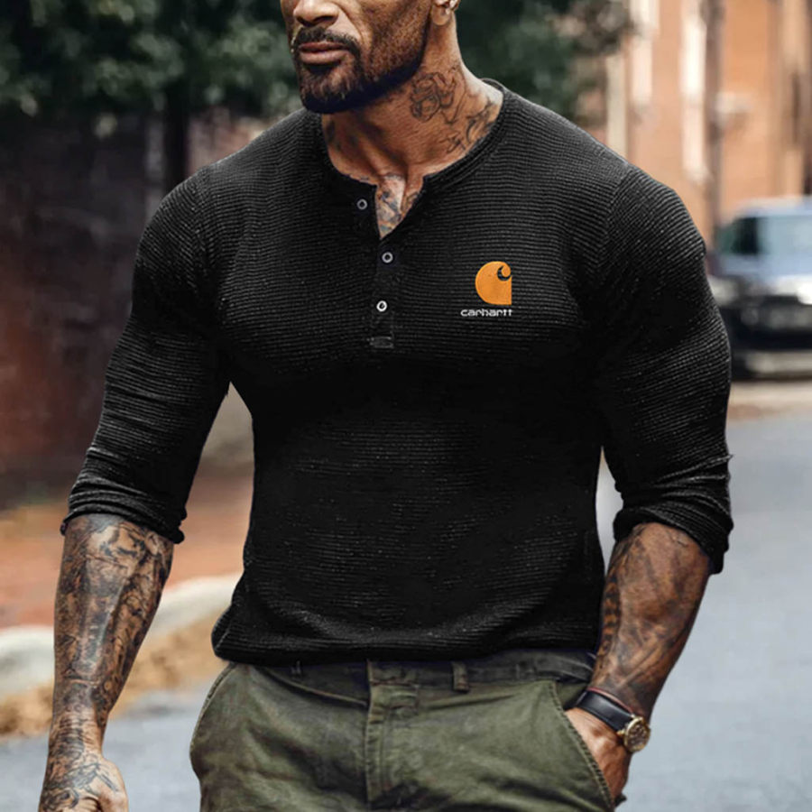 

Men's Vintage Outdoor Waffle Knit Embroidery Black Long Sleeve Henley T-Shirt