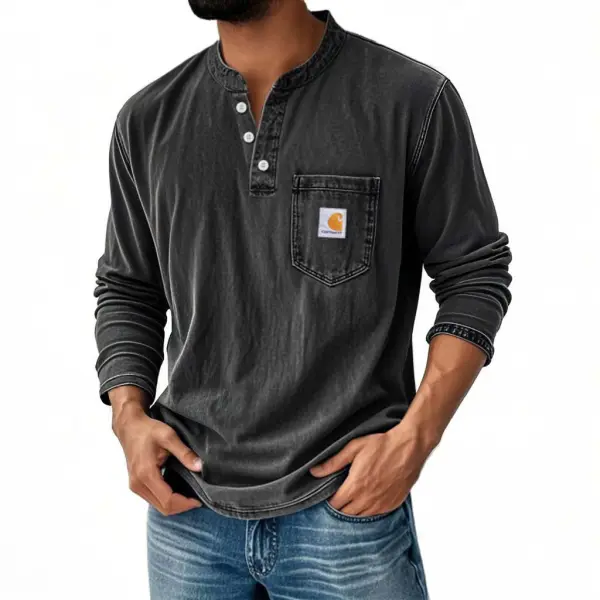Men's Vintage Distressed Pocket Henley Long Sleeve T-Shirt - Wayrates.com 