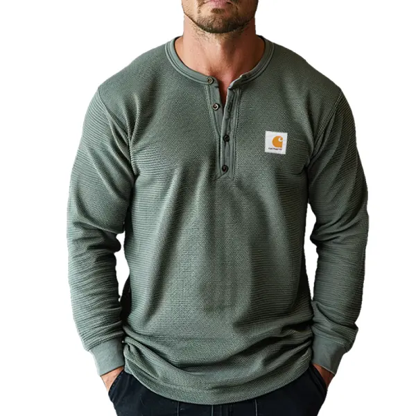 Men's Vintage Waffle Henley Long Sleeve T Shirt Green - Wayrates.com 