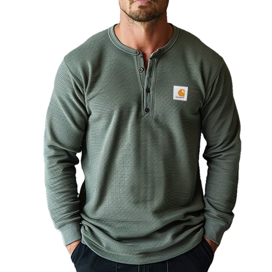

Men's Vintage Waffle Henley Long Sleeve T Shirt Green