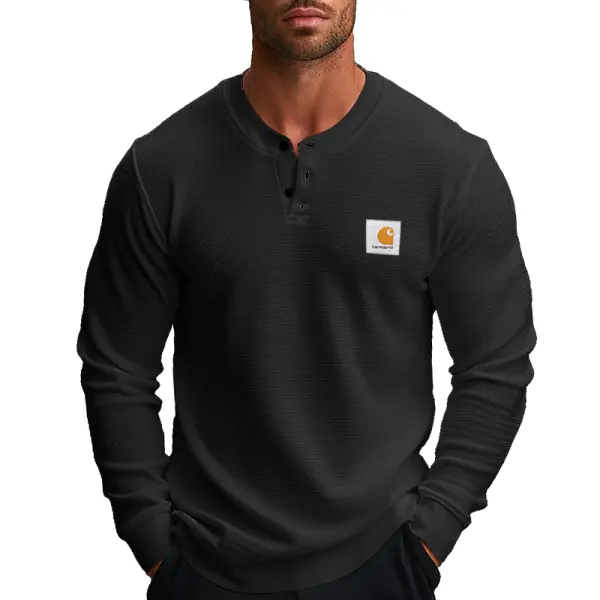 Men's Vintage Waffle Henley Long Sleeve T Shirt Black - Wayrates.com 