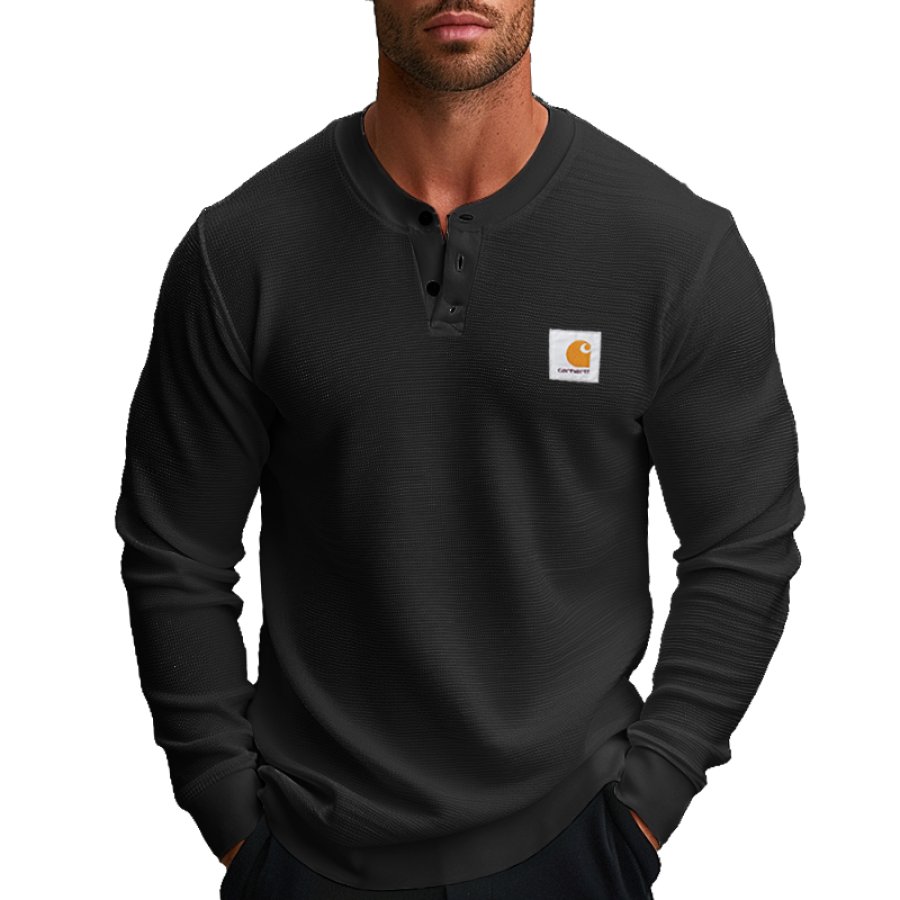 

Men's Vintage Waffle Henley Long Sleeve T Shirt Black