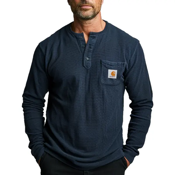 Men's Vintage Waffle Henley Long Sleeve T Shirt Dark Blue - Wayrates.com 