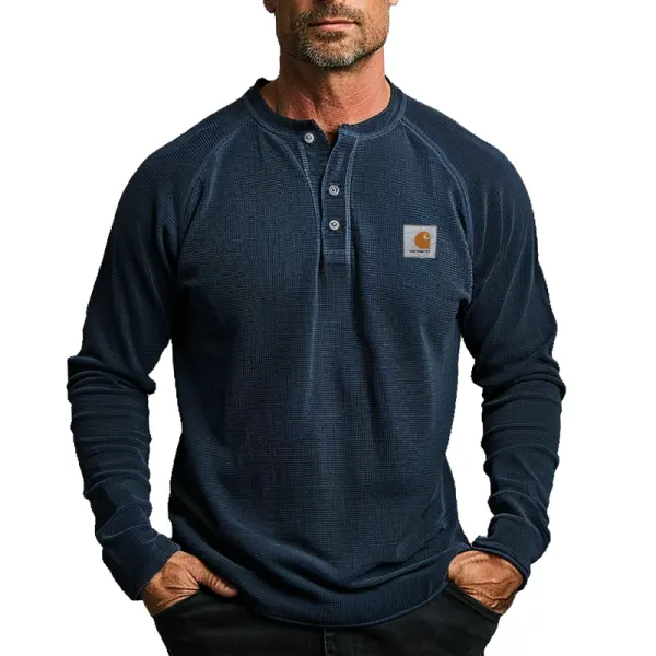 Men's Vintage Textured Fabric Waffle Henley Long Sleeve T Shirt Raglan Sleeves - Wayrates.com 