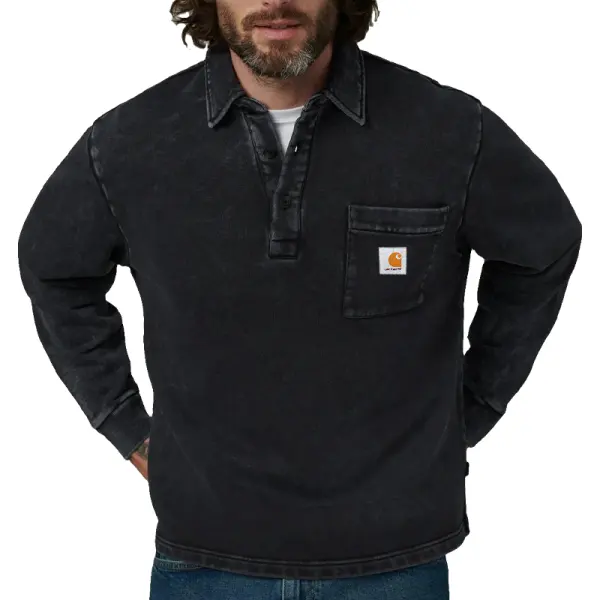 Men's Vintage Long-Sleeve Polo Sweatshirt With Chest Pocket - Wayrates.com 