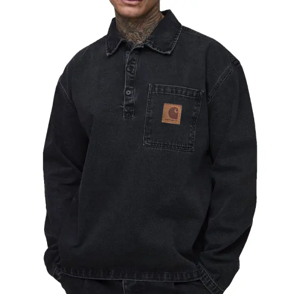 Men's Vintage Washed Denim Polo Sweatshirt With Chest Pocket - Wayrates.com 