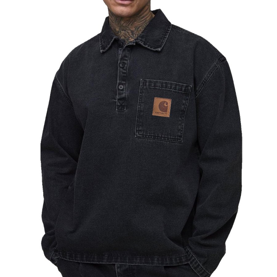 

Men's Vintage Washed Denim Polo Sweatshirt With Chest Pocket