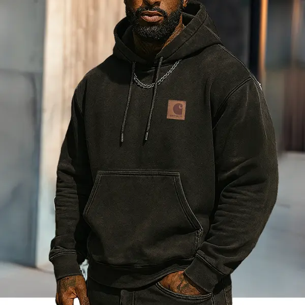 Men's Vintage Leather Lable Hoodie With Front Pocket - Wayrates.com 