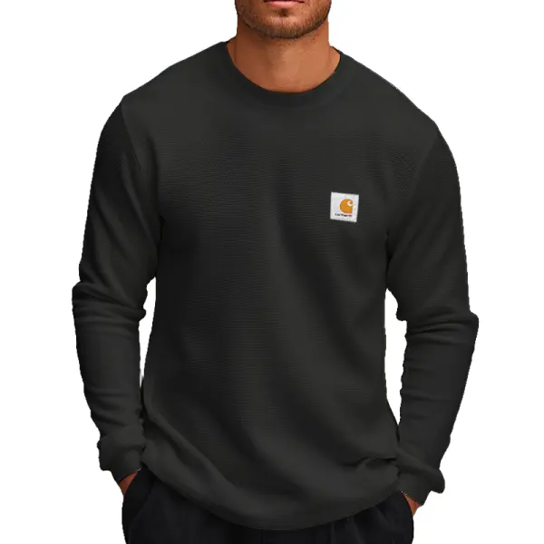 Men's Vintage Waffle Crewneck Long Sleeves T Shirt Black - Wayrates.com 