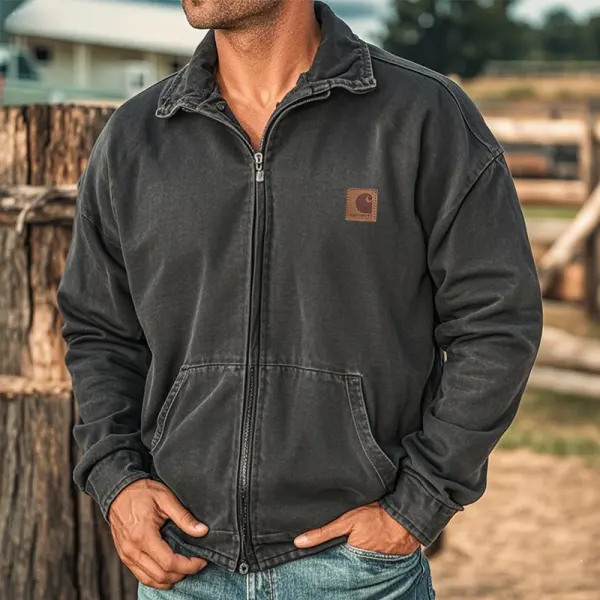 Men's Retro Western Style Leather Label Full Zip Cardigan Sweatshirt Jacket - Wayrates.com 