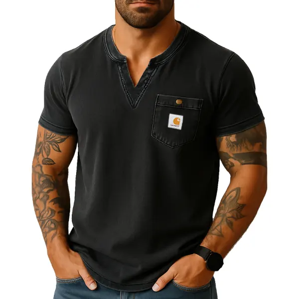 Men's Vintage Henley V Neck T-Shirt With Chest Pocket Black - Wayrates.com 