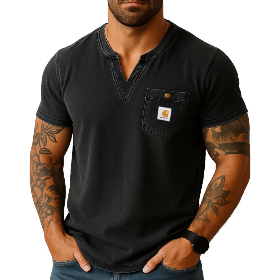 

Men's Vintage Henley V Neck T-Shirt With Chest Pocket Black