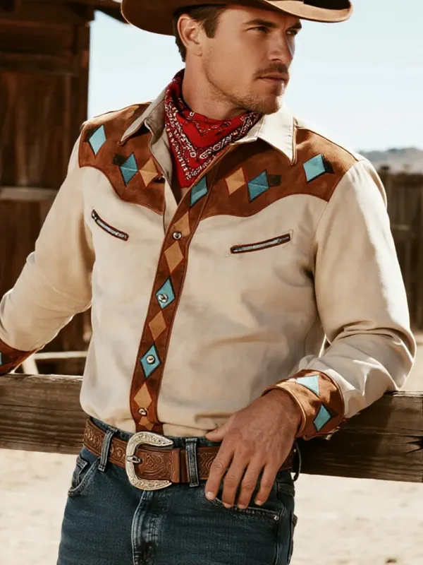 Retro Western Cowboy Style Contrast Color Suede Long Sleeve Top - Wantbright.com 