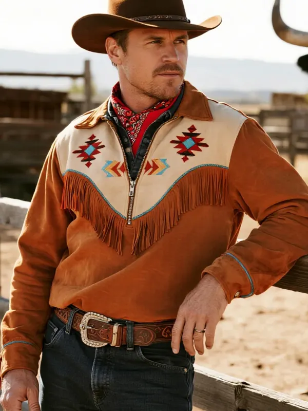 Retro Western Cowboy Style Tassel Contrast Color Stitching Half Zip Lapel Long Sleeve Sweatshirt Top - Pragmaace.com 