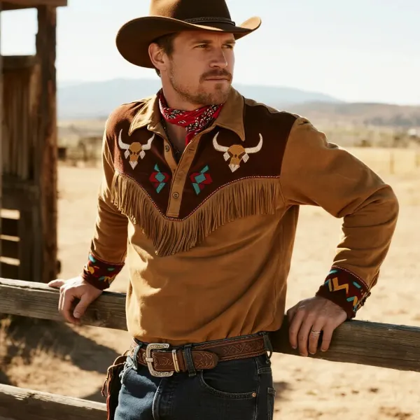 Retro Western Cowboy Style Tassel Contrast Suede Long Sleeve Shirt Top - Upgradecool.com 