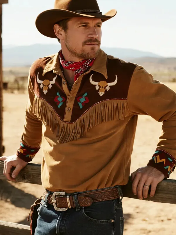 Retro Western Cowboy Style Tassel Contrast Suede Long Sleeve Shirt Top - Wantbright.com 