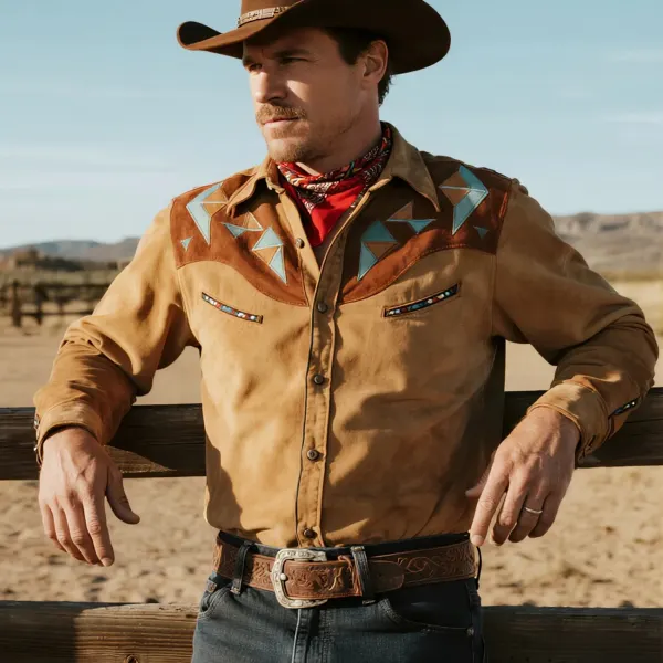 Retro Western Cowboy Style Contrast Color Suede Long Sleeve Top - Upgradecool.com 