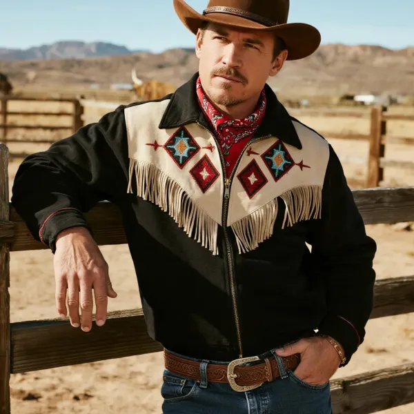 Retro Western Cowboy Style Tassel Contrast Color Stitching Lapel Long Sleeve Top Jacket - Upgradecool.com 