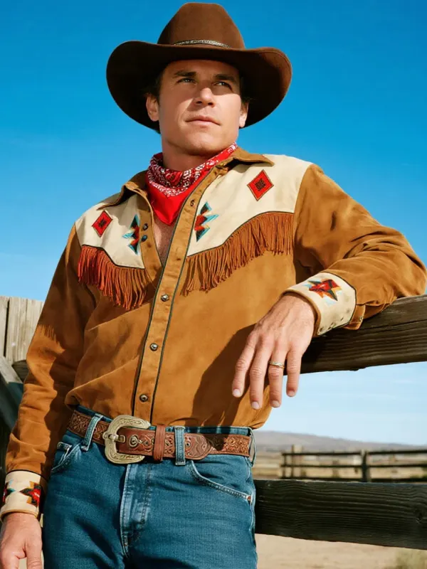 Retro Western Cowboy Style Contrast Color Suede Long Sleeve Top - Pragmaace.com 