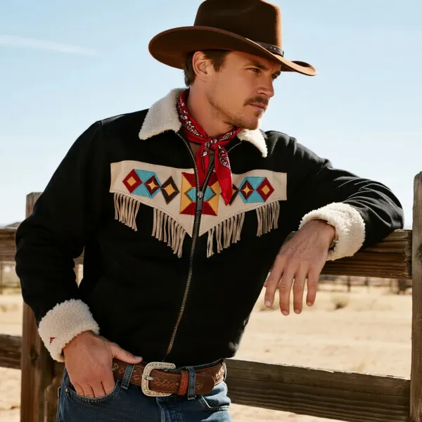 Retro Western Cowboy Style Tassel Contrast Color Stitching Lapel Long Sleeve Top Jacket - Upgradecool.com 