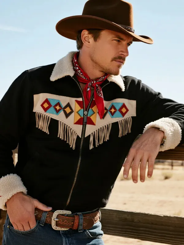 Retro Western Cowboy Style Tassel Contrast Color Stitching Lapel Long Sleeve Top Jacket - Pragmaace.com 