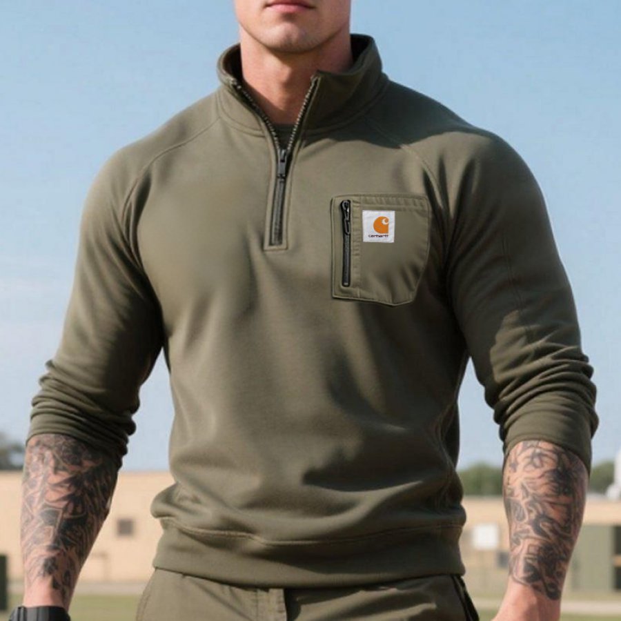 

Men's Quarter Zip Collar Sweatshirt With Chest Zipper Pocket