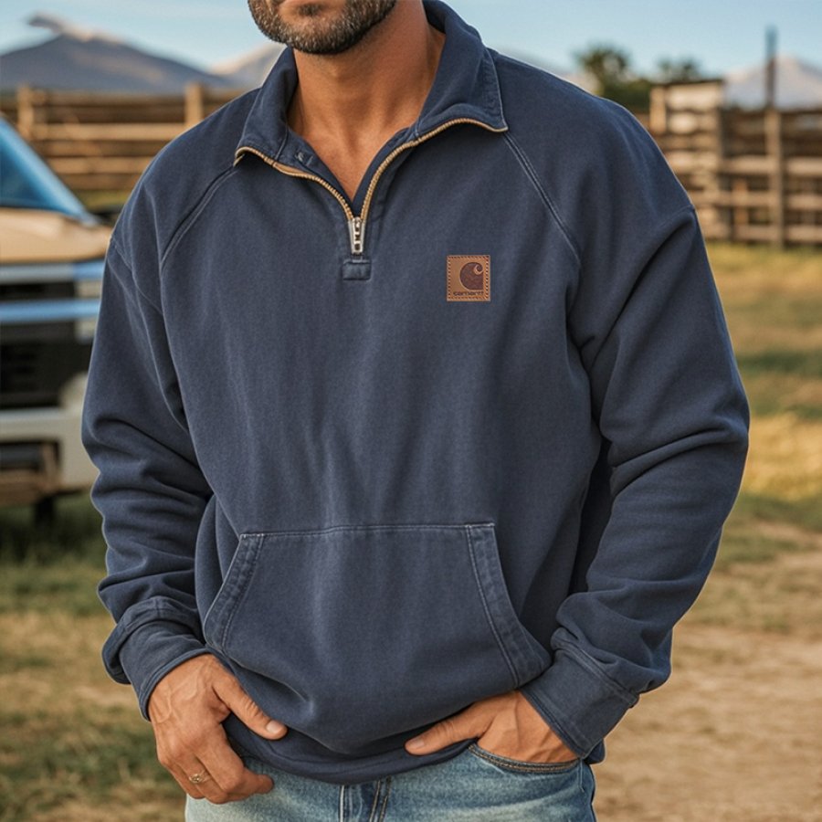 

Men's Vintage Western Rustic Style Quarter-Zip Pullover Sweatshirt Navy Blue