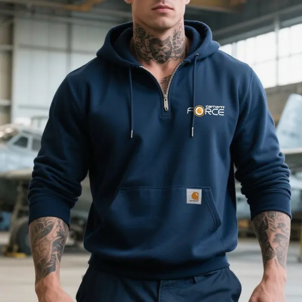 Men's Casual Quarter Zip Collar Hoodie With Force Logo Navy Blue - Wayrates.chimpone.com 