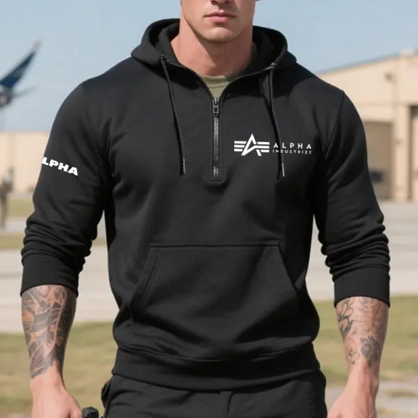 Men's Quarter Zip Collar Hoodie With Logo Graphic Print Black - Wayrates.chimpone.com 