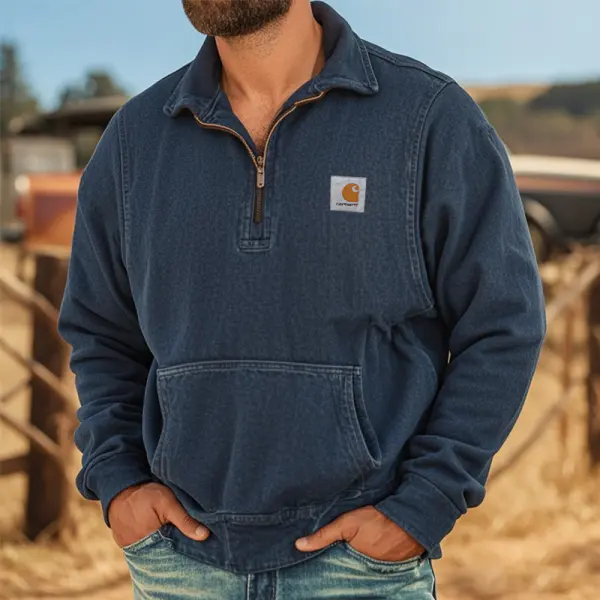 Men's Vintage Denim Blue Quarter-Zip Pullover Sweatshirt - Wayrates.chimpone.com 
