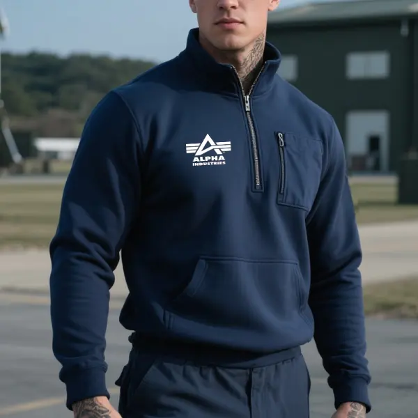 Men's Casual Half-Zip Pullover Sweatshirt With Chest Zipper Pocket Navy Blue - Wayrates.chimpone.com 